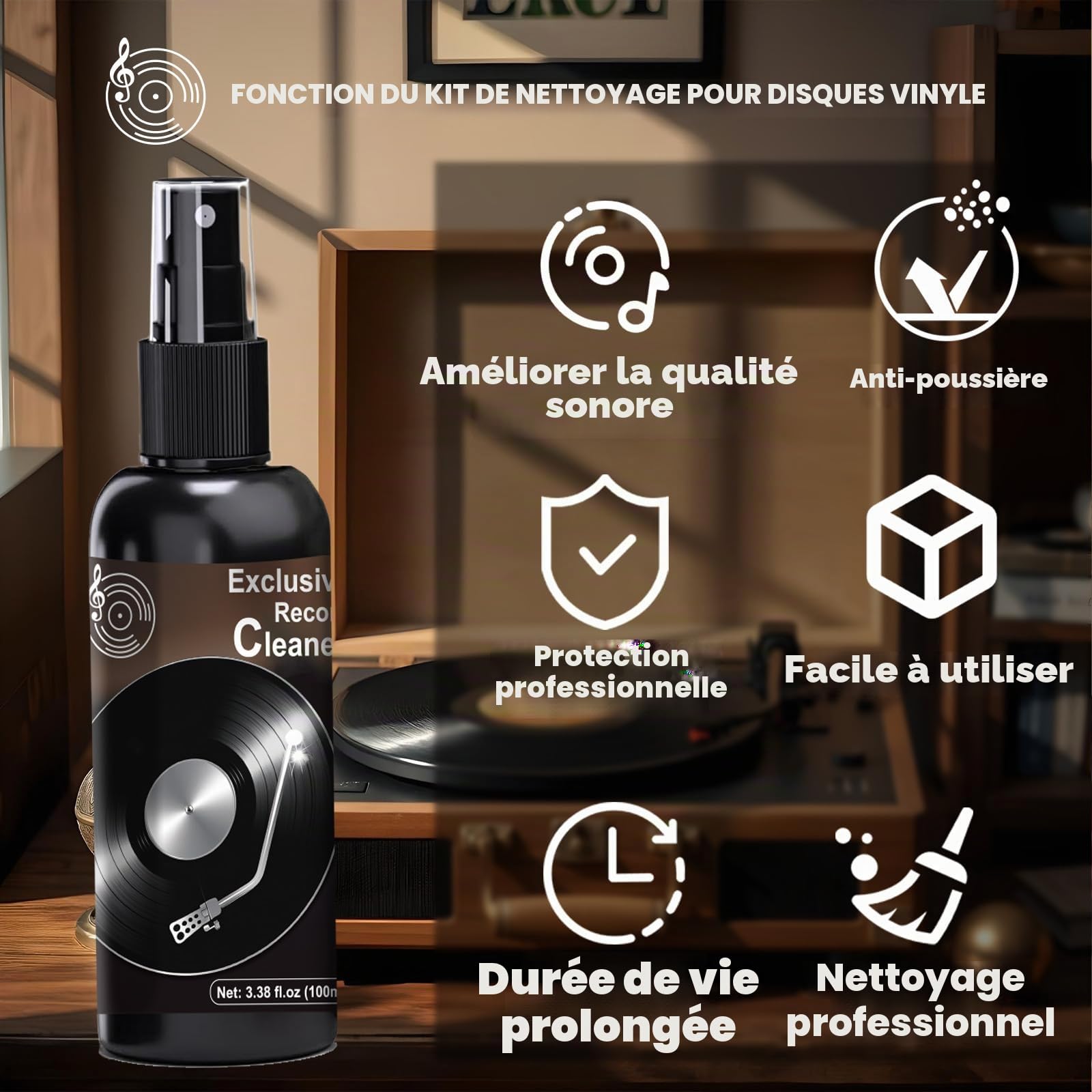Kit de nettoyage de disques vinyles - Accessoires pour tourne-disque vinyle - Comprend une brosse en velours doux, une solution de nettoyage, une brosse à stylet et une brosse pour velours