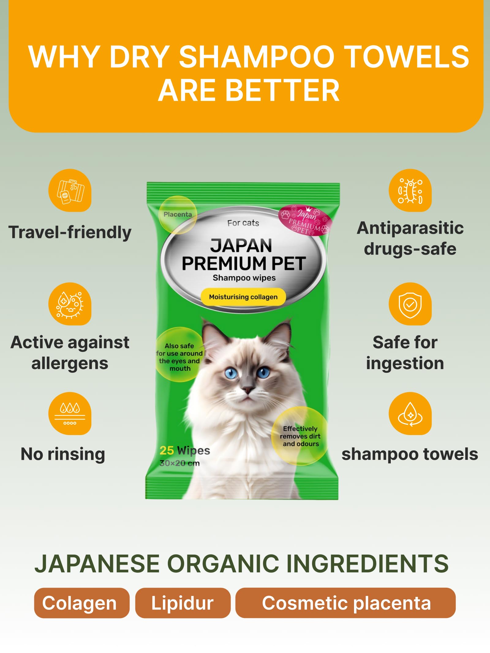 No Rinse Cat Shampoo Towel | Grooming Wipes That Work like Cat Dry Shampoo | Plant-based Cleaning & Deodorising Pet Wipes with Collagen & Placenta | 25 pcs (20 x 30 cm) — view 8
