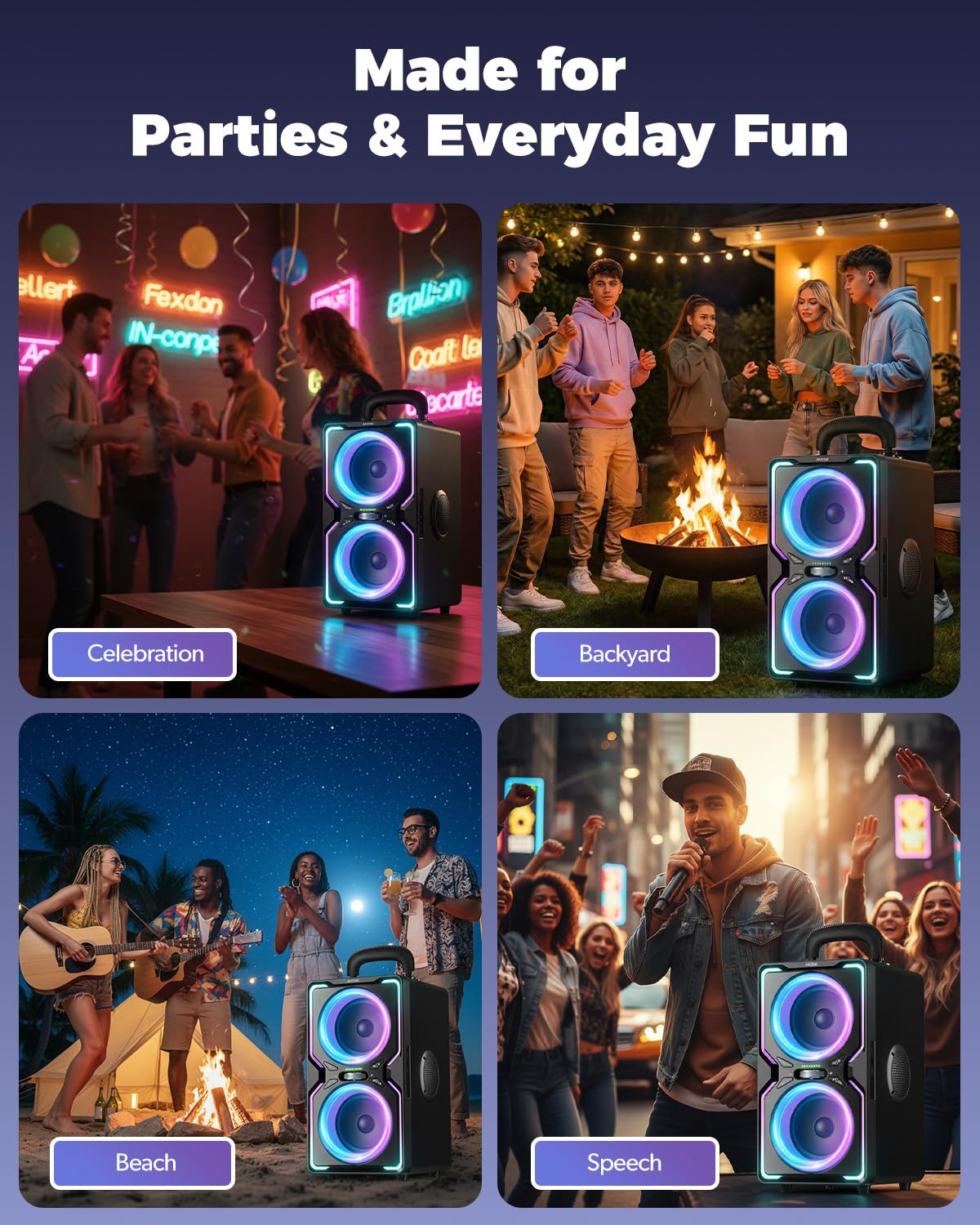 AKONE Cassa Bluetooth Potente Portatile: 240W Altoparlante Party Wireless Bluetooth Speaker, Super Natural Bass,15Hr Playtime,TWS, Luci LED Fantastiche per Feste, Campeggio, Spiaggia, Cortile
