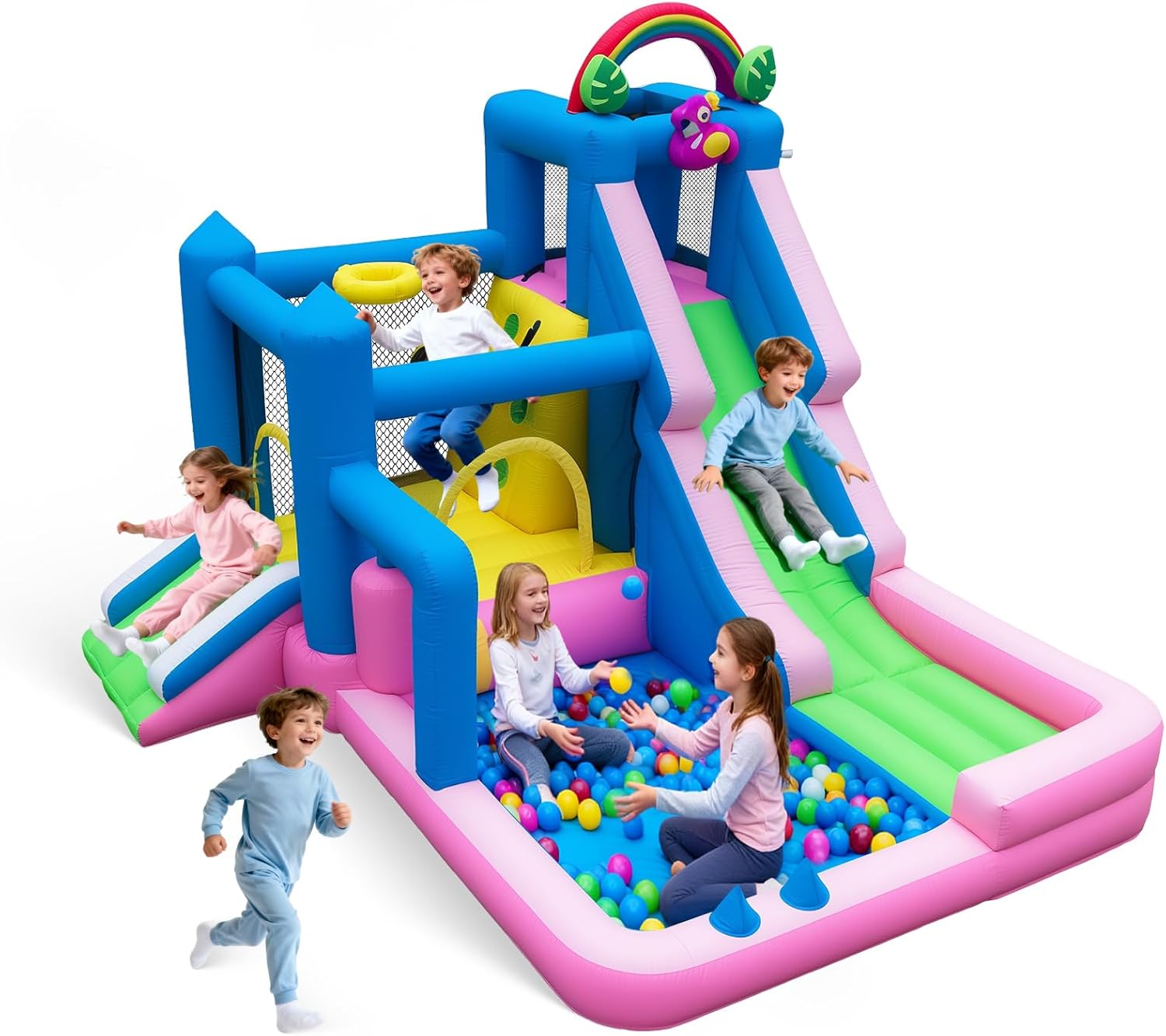 Flamingo Bounce House for Kids – 10-in-1 Inflatable Castle with Double Slide, Ball Pit, Basketball Hoop, Climbing Wall & Sprinkler, Indoor/Outdoor Play, 480W Blower Included