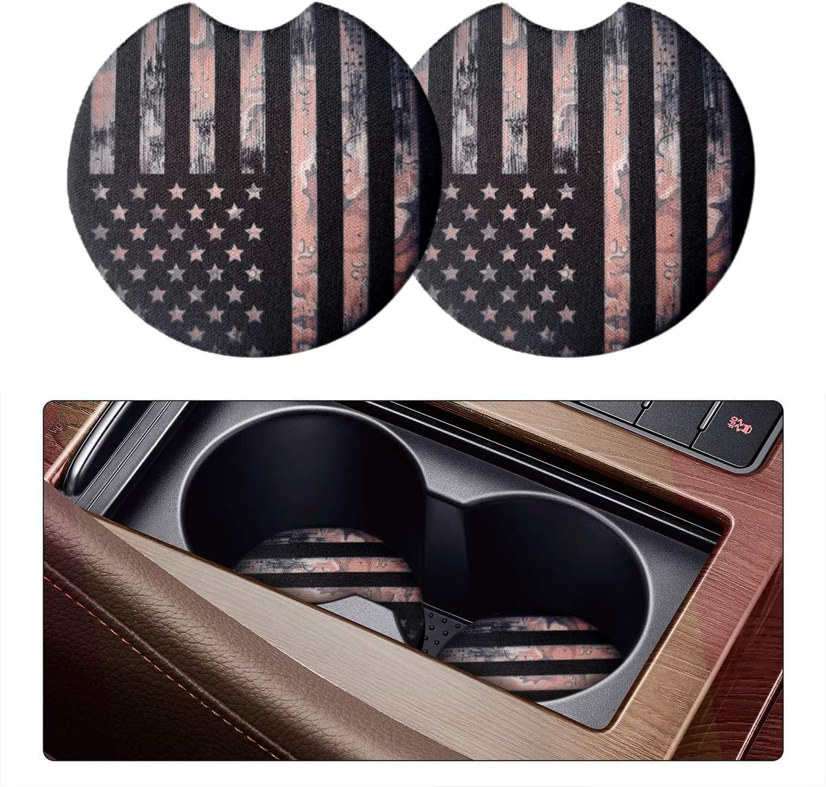 Moly Magnolia Car Coasters for Drinks Absorbent, 2 Pack Cute Car Coasters for Women, Car Cup Holder Coasters for Your Car with Fingertip Grip, Auto Accessories for Women & Lady (Flag)