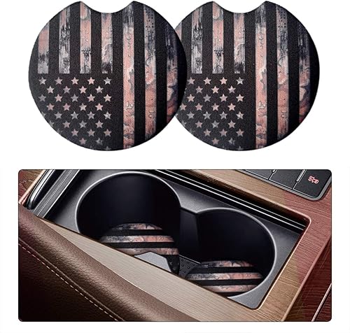 Posavasos para automóvil para bebidas, 2 portavasos absorbentes de camuflaje con la bandera de Estados Unidos para mujeres y hombres, portavasos