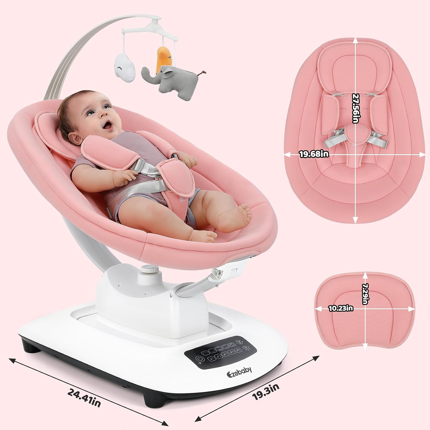 Ezebaby Electric Baby Swing for Infants with 5 Unique Motions, 5 Speeds, Lullabies, Bluetooth Enabled, Smart Baby Swings for Newborn with 5-Point Harness & Remote Control for 0-9 Months, Pink
