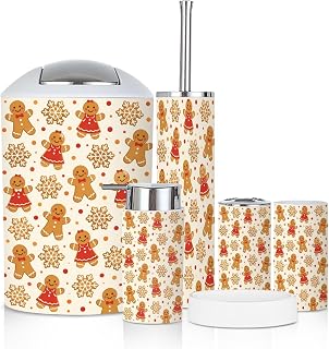 Bathroom Accessory Set 6PCS Winter Christmas Seamless Gingerbread man Woman Snowflake Cookies Trash Can, Soap Dispenser, Toothbrush Holder, Toothbrush Cup, Toilet Brush Holder, Soap Dish for Gift