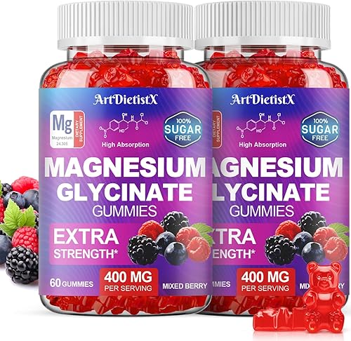 Miniatura 1 de Gomitas de glicinato de magnesio de 400 mg, gomitas de masaje sin azúcar para adultos con malato de magnesio, zinc y vitamina B6 para dormir, apoyo