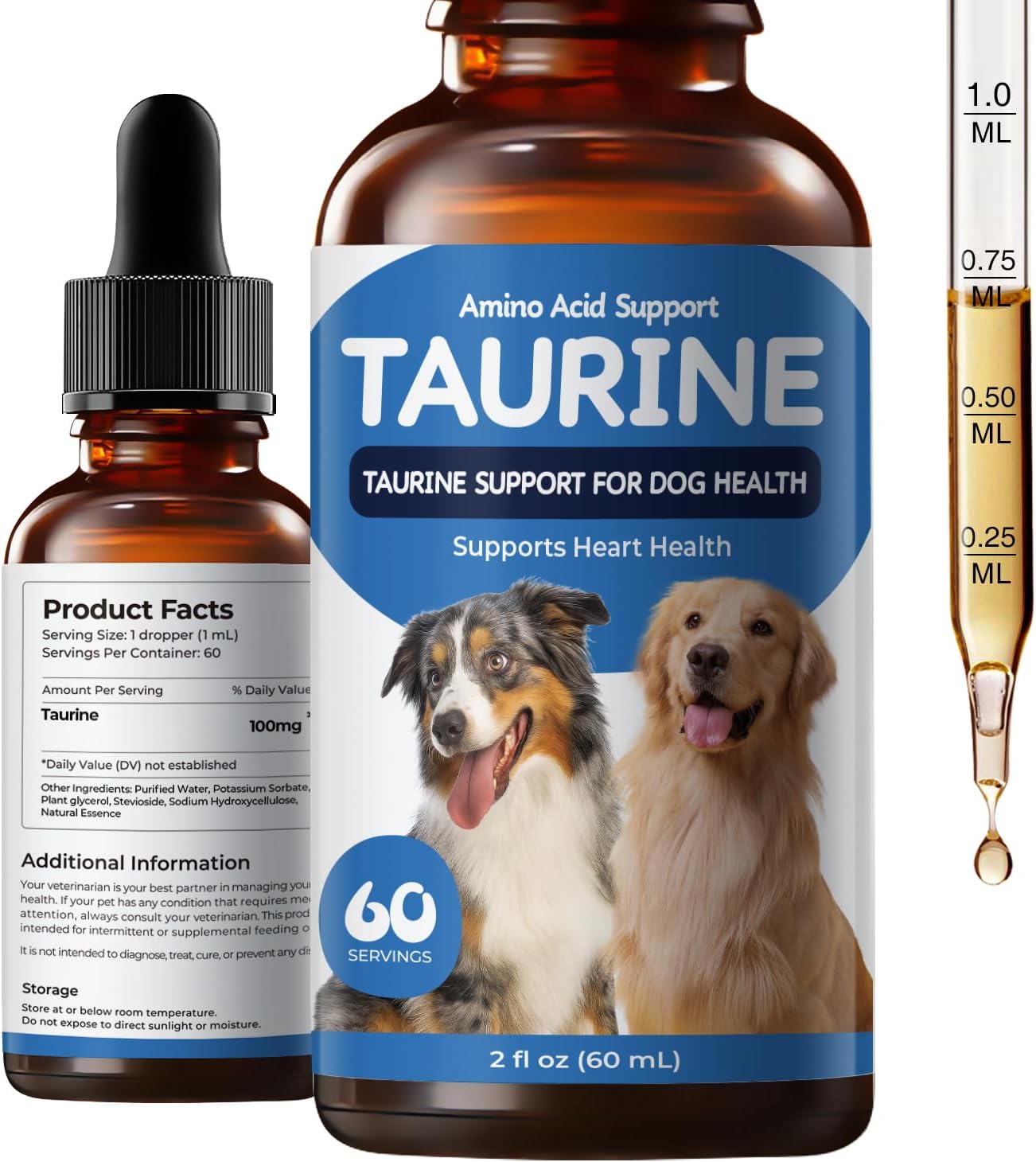 Taurine Liquid Supplement for Dogs, Daily Amino Acid Drops Supporting Heart & Muscle Function, Energy Balance & Physical Stability (60 ml (Pack of 1))