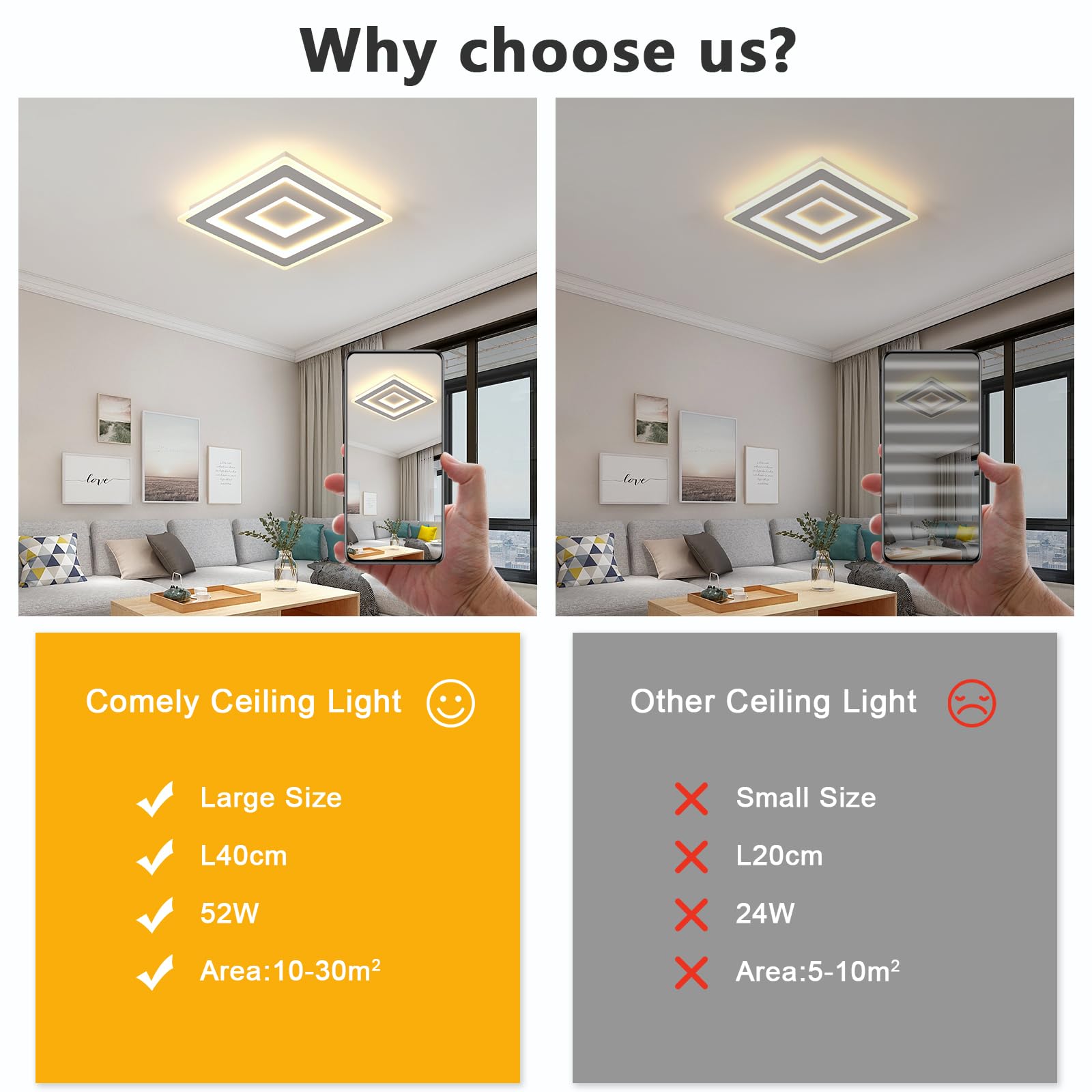 Comely LED Deckenleuchte 52W Quadrat 40cm, Warmweiß 3000K, Moderne Deckenlampe für Wohnzimmer, Schlafzimmer, Flur, Küche, Acryl LED Deckenbeleuchtung Innen, Flache Lampe Weiß