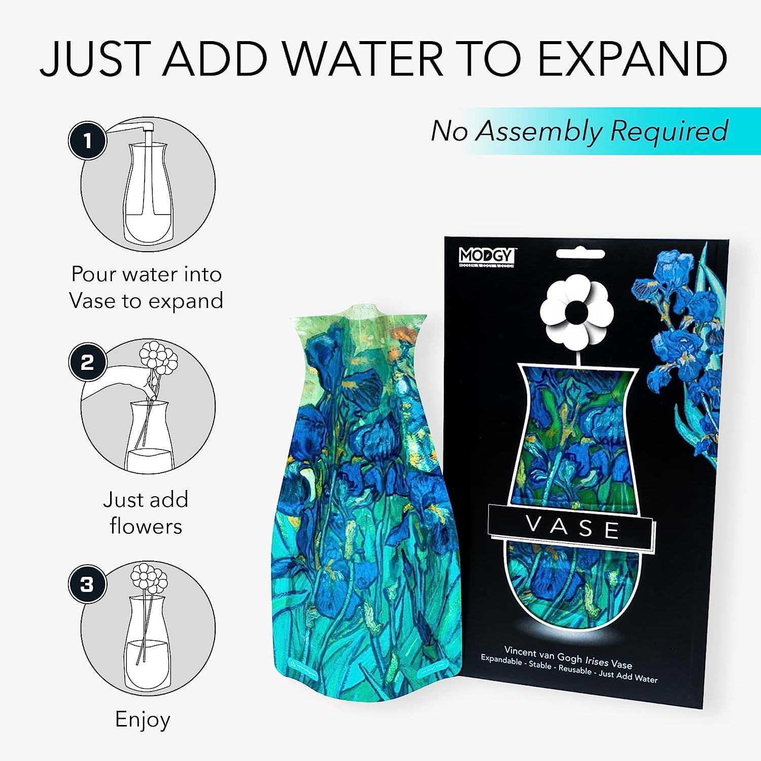 MODGY Expandable Flower Vase, Plastic Decorative Modern Foldable Printed Vases for Centerpieces for Wedding, Dining Table, Home Decor, Living Room, Bathroom, Irises, Vincent Van Gogh, 4 Pack