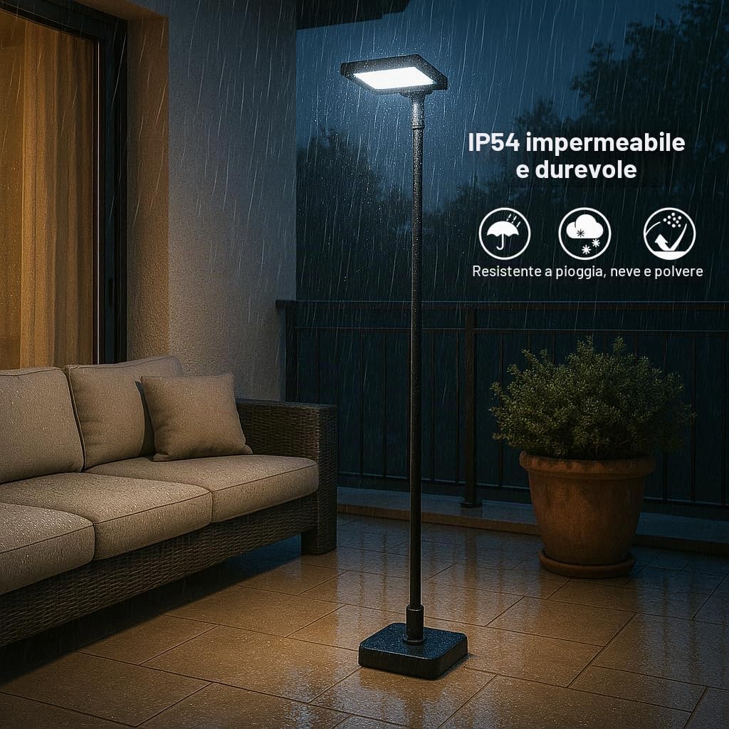 Dopa Lampione LED Solare 240W da Esterno con Palo e Base Faro Lampada Solare per Giardino Cortile Kit Completo con Telecomando Magnetico IP54 Metallo e ABS con 3 Temperature di Luce 3000K/4000K/6500K