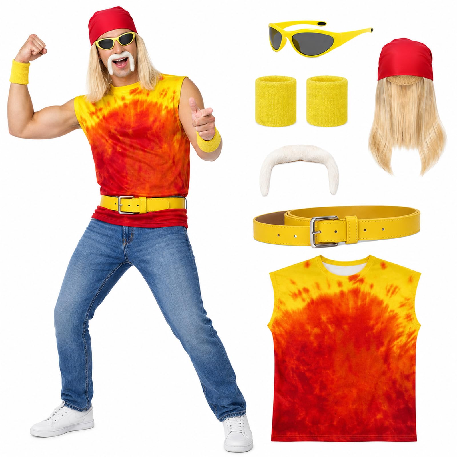 Boyigog 80s Wrestler Fancy Dress Costume Set Wrestler Cosplay Outfit Men 7 PCS Dye T-Shirt Wig Wristbands Headscarf Champion Wrestler Fancy Dress Costume for Halloween Parties