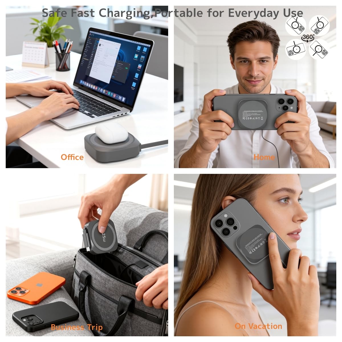 Caricatore Wireless Magnetico 25W con Cavo USB C Retrattile, Base Ricarica Wireless Veloce Qi2.2 Per iPhone 17/16/15/14/13/12/Airpods, Caricatore Portatile per Samsung Galaxy, Google Pixel ecc,Grigio