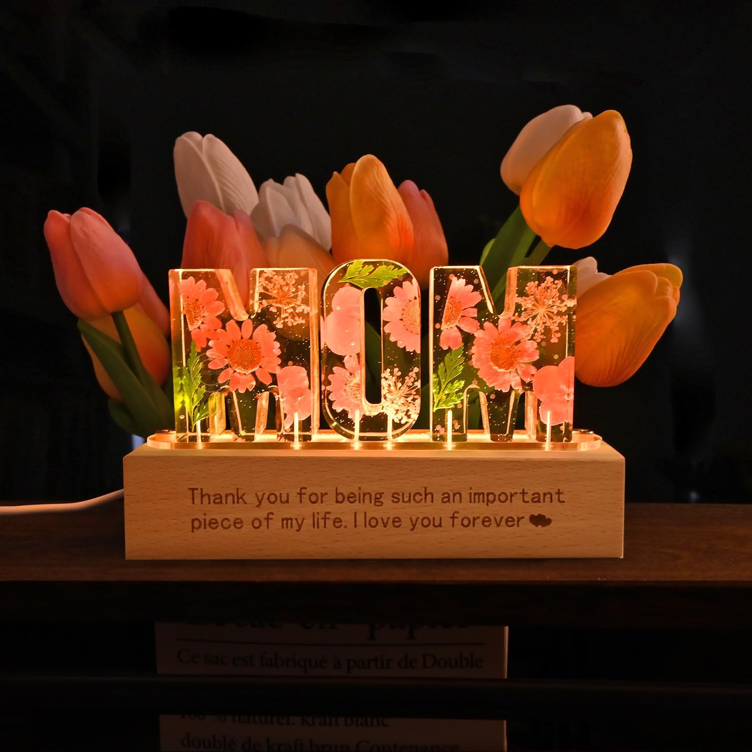 Britrio Gift for Mom Dry Flower Night Light Lamp for Mother's Day Gift from Son Daughter Dried Pressed Flower Letter Led Light Christmas Mom Birthday Gift Home Bedroom Decor