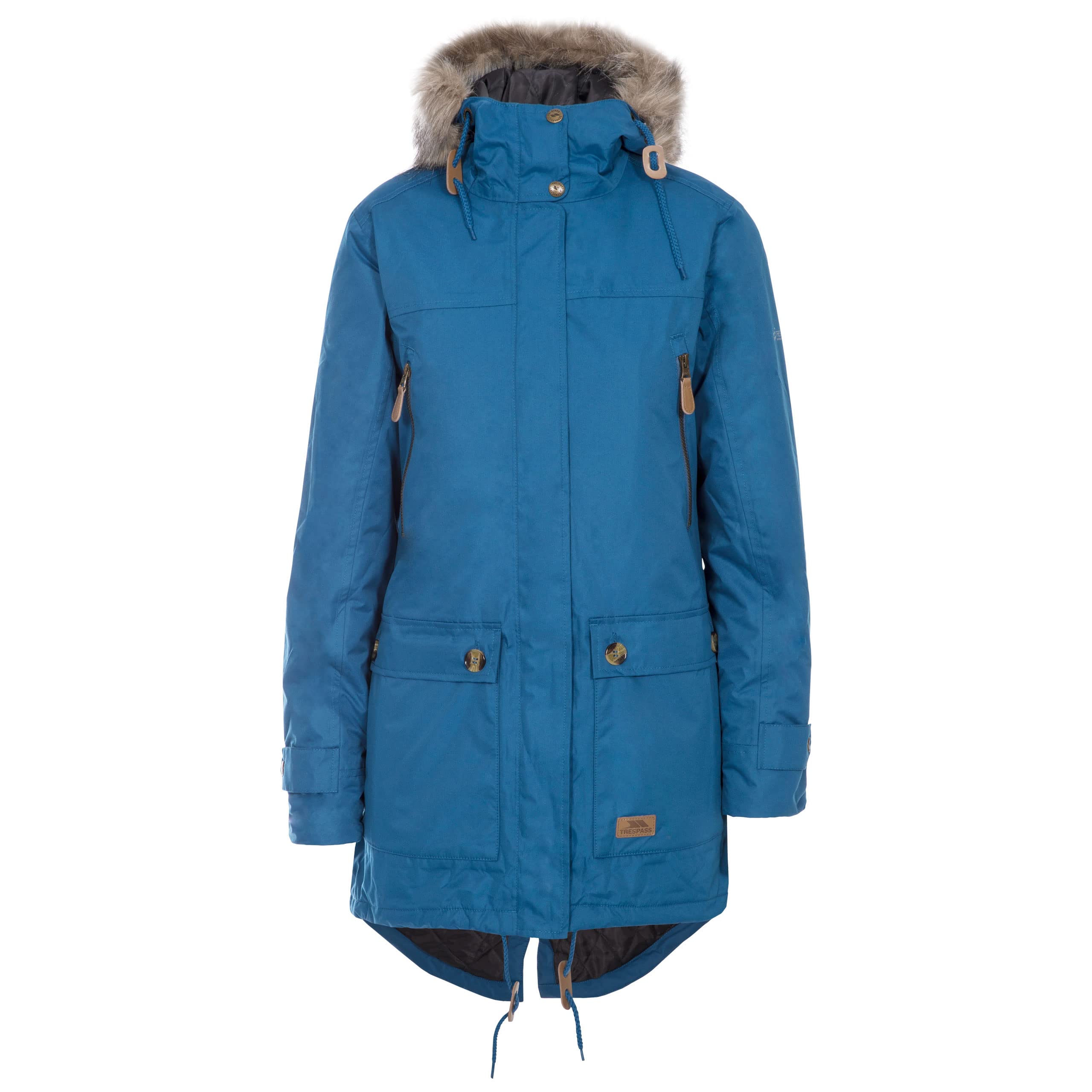 Trespass Womens Parka Jacket Clea - Waterproof, Lightly Padded, Removable Hood Fur Trim, 2 Patch Pockets with Flaps, 2 Zip Pockets, Longer Length, Adjustable Hood