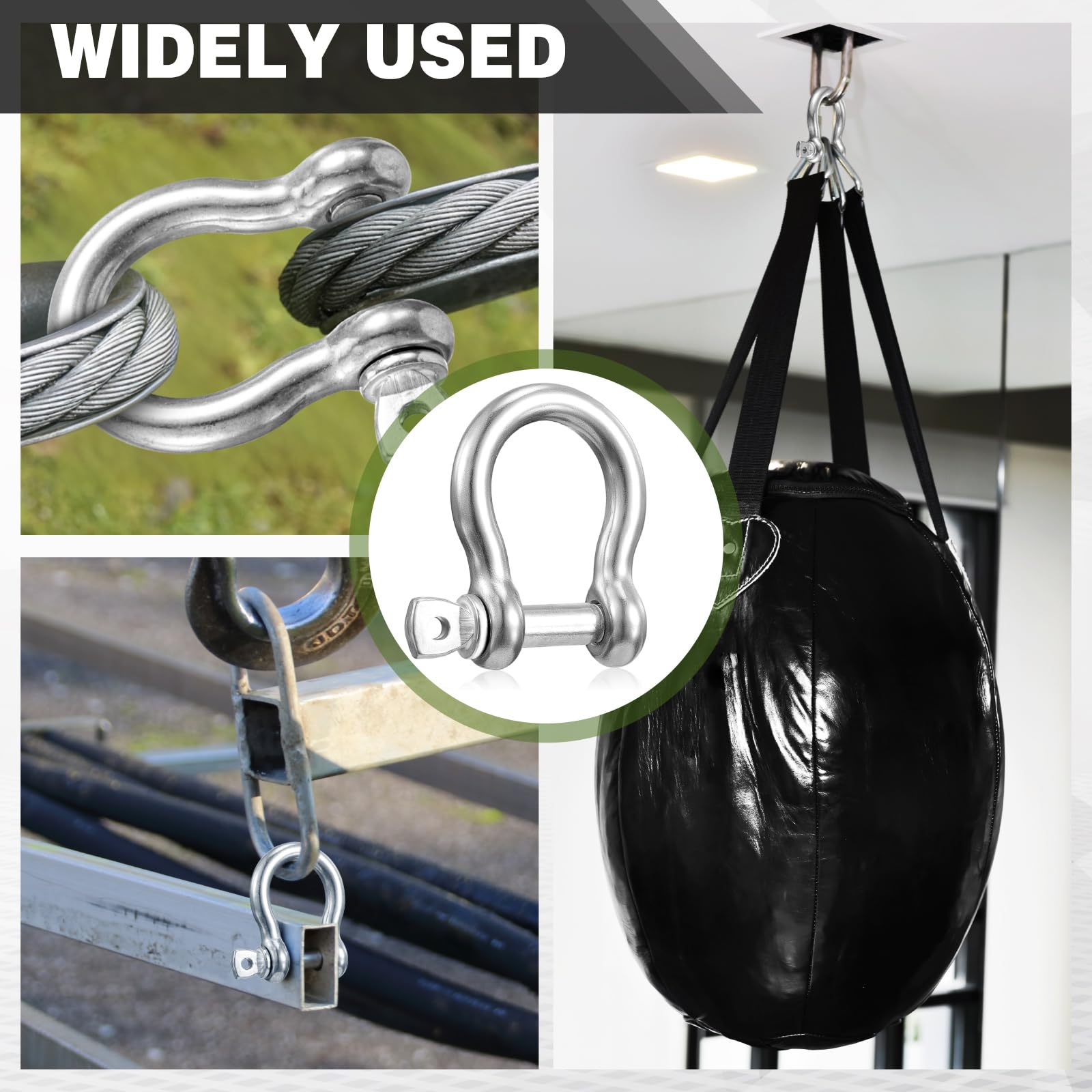 Confezione da 50 grilli ad anello a D in acciaio inossidabile 304 da 1/4 di pollice M6 con vite ad arco resistente con perno a vite per ancoraggio a catena, rimorchi esterni, rimorchi industriali