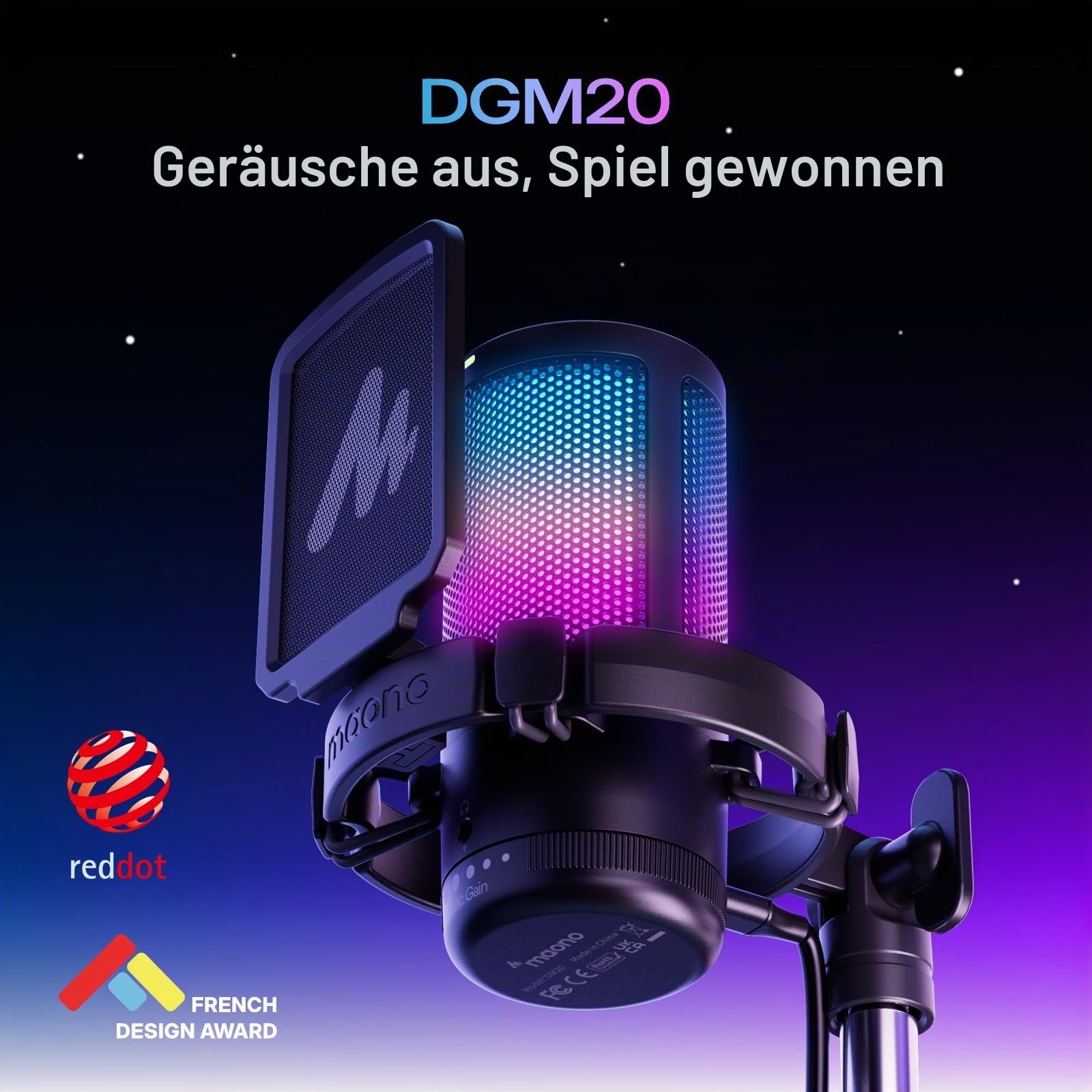 MAONO DGM20S Gaming USB Mikrofon, Noise Cancellation Kondensator Mic mit Mute, Gain, Monitoring, Galgenarm, Pop-Filter für Streaming, Podcast