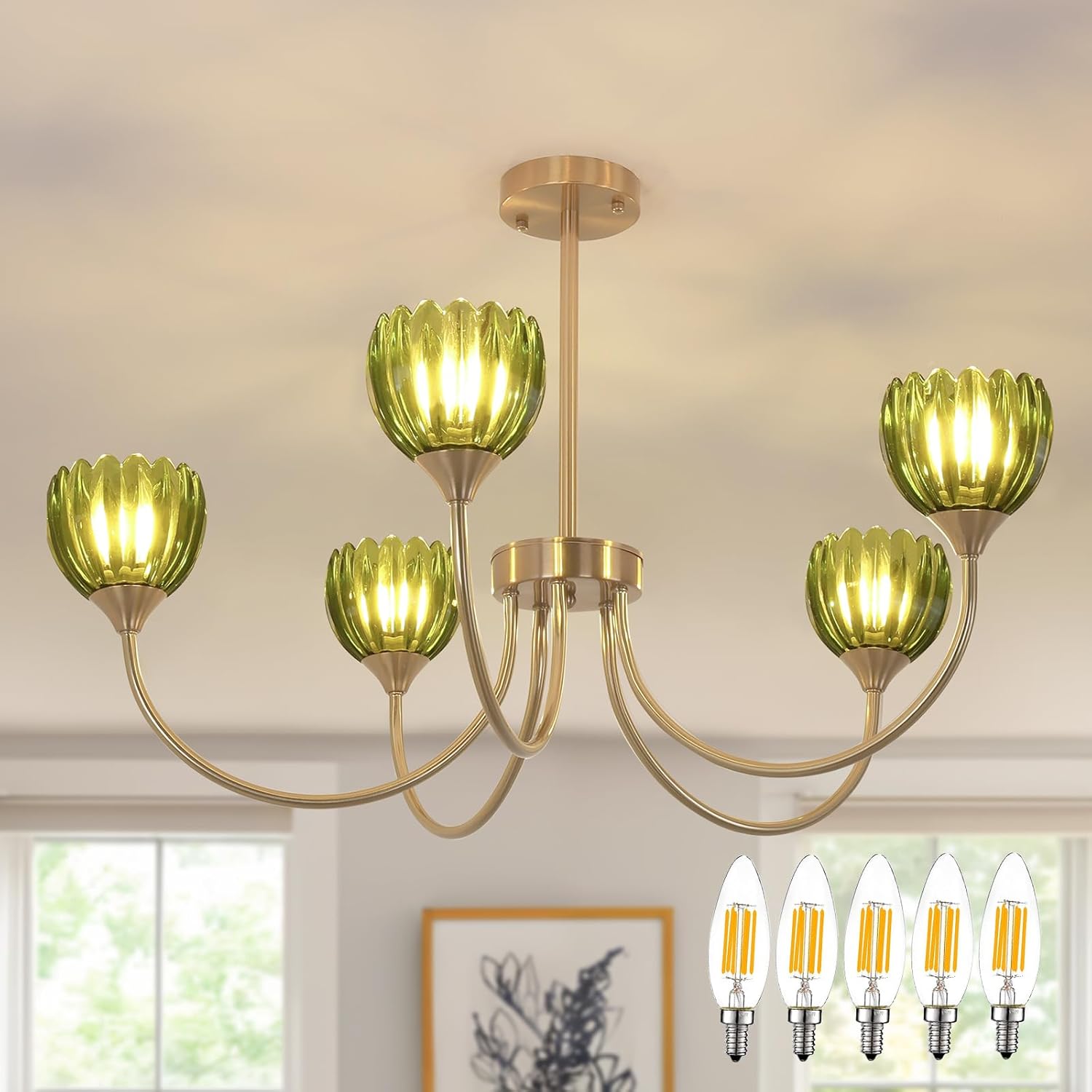 30.31" Brass Gold Chandelier, 5-Light Chandelier Light with Green Tulip Glass Lampshade, Height Adjustable Vintage Chandeliers for Dining Room Living Room Kitchen Island