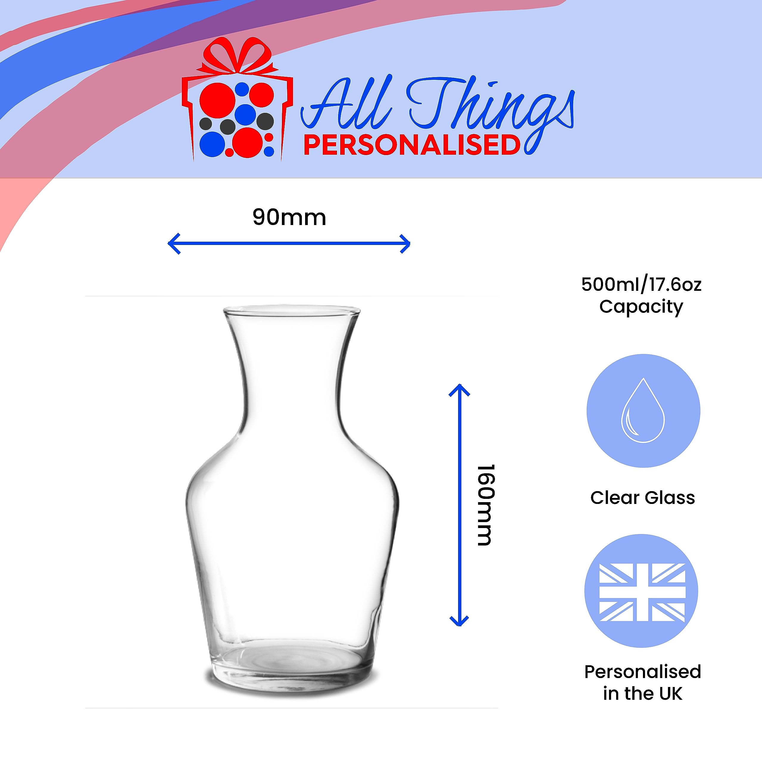 Juego de 2 copas de vino de jazmín de cristal grabado personalizado y juego de jarra Vin de 500 ml, personaliza con cualquier mensaje para cualquier ocasión, estiliza a partir de una variedad de