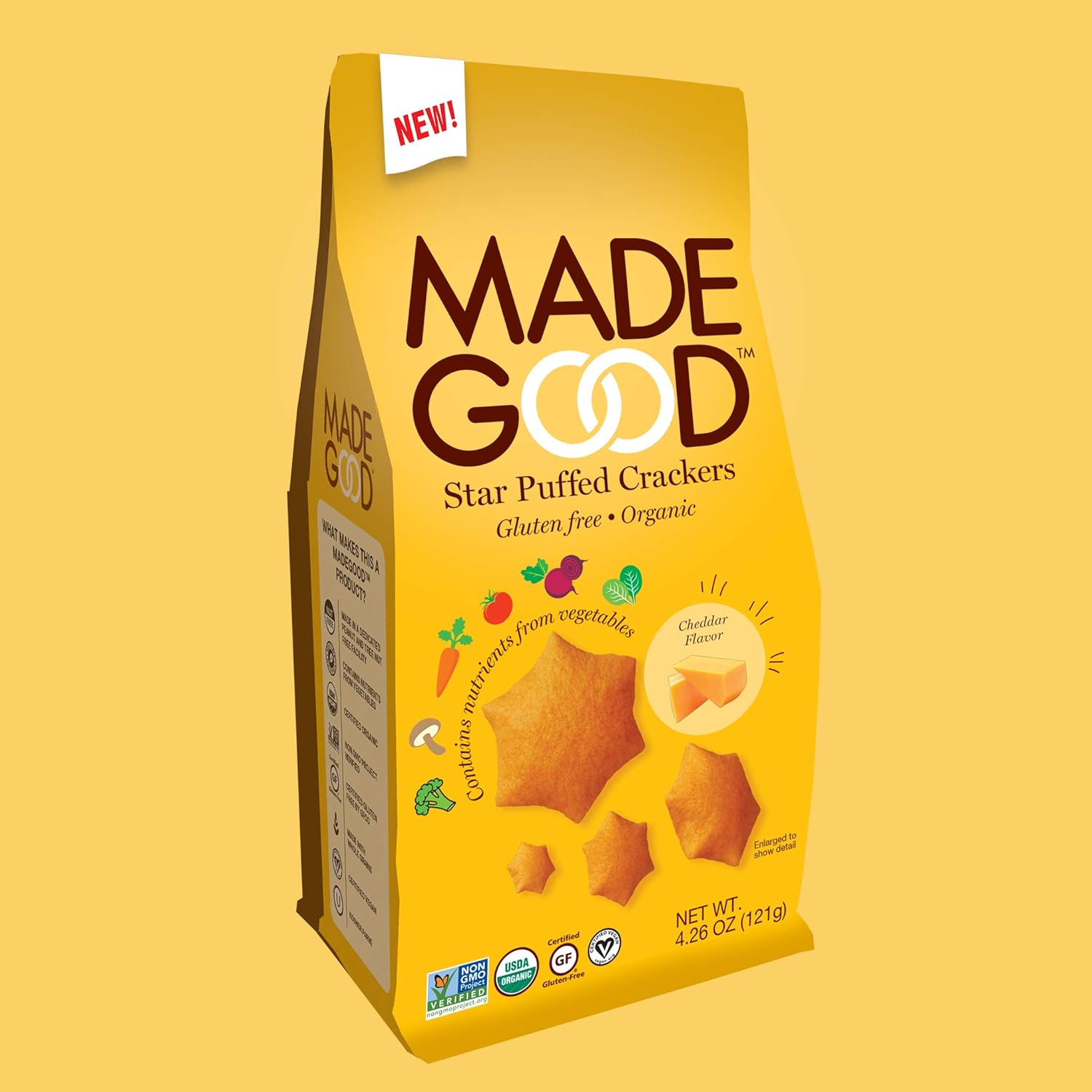 MadeGood Star Puffed Crackers, Cheddar, Good Source of Vitamin C & D, Whole Grain, Vegan Friendly, Kosher, USDA Certified Organic, Gluten Free & Non-GMO, 4.26 Ounce (Pack of 6)