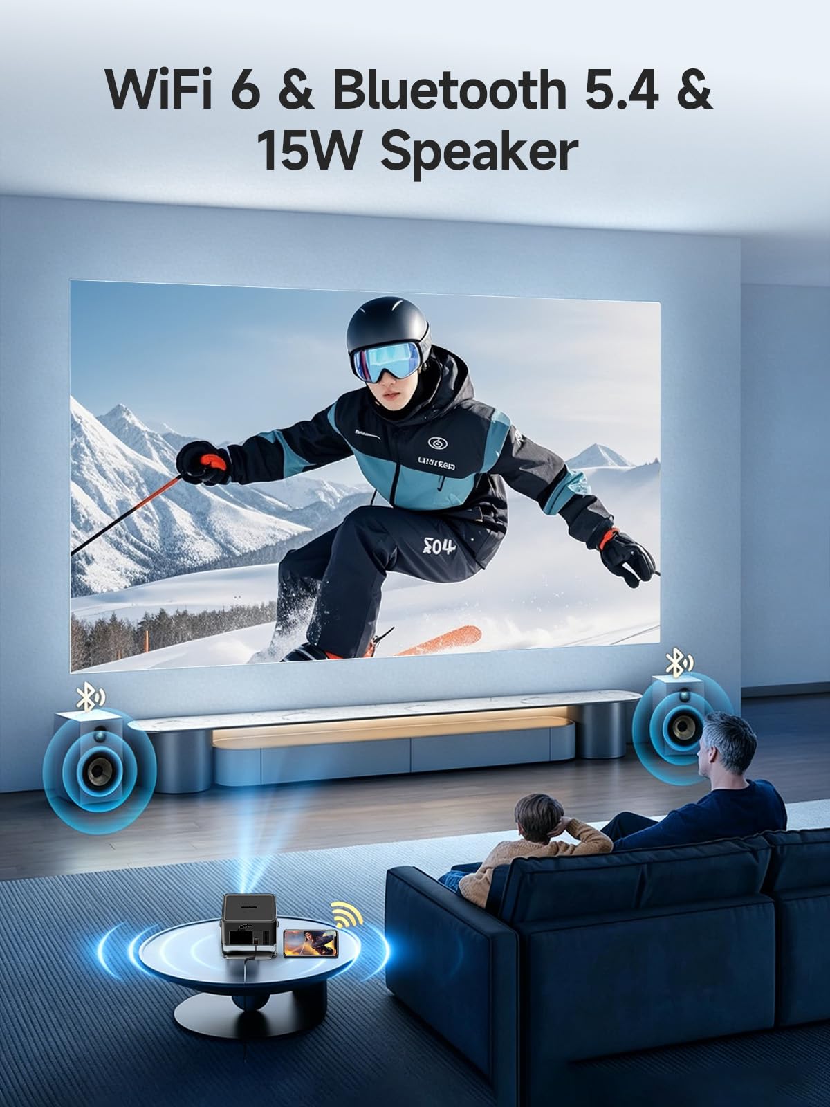 【Android 14 & 800 ANSI】Smart Proiettore Portatile 4K Supporto, 1080P Nativo | Messa A Fuoco Automatica, Correzione Trapezoidale, WiFi 6 BT 5.4, Altoparlante da 15W, Rotazione 180° Proiettore da Esterno