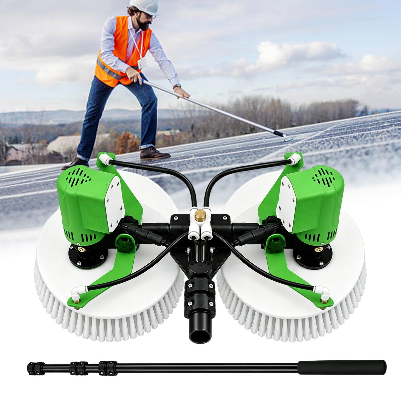 Kit Cepillo eléctrico Paneles solares con Agua, Doble Cepillo Giratorio pértiga telescópica 3,5m 5,5m 7,5m, Spray 4 Puntos, Motor sin escobillas 7.5m/24.61ft-Mains+Battery