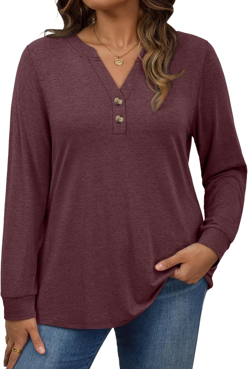 WYNNQUE Womens Plus Size Tops Long Sleeve Henley V Neck T Shirts Business Casual Fall Outfits Loose Fit Dressy Tunics Blouses