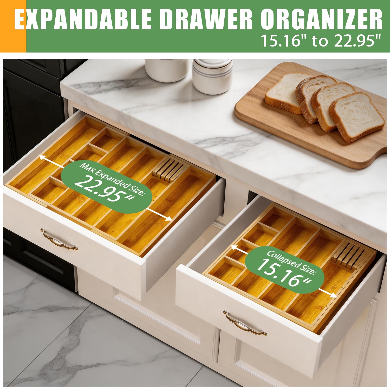 Organizer espandibile per cassetti in bambù con divisori rimovibili, vassoio regolabile da 38,1 a 55,9 cm per utensili da cucina, trucco e ufficio