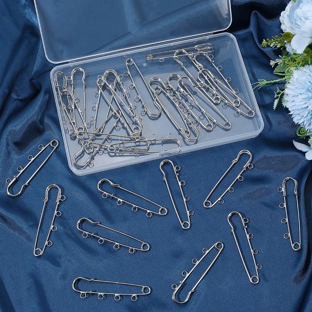 SUNNYCLUE 1 Box 30Pcs 3 Inch Large Safety Pins Pack Safety Pins Brooch Bulk 4 Holes Loops 70mm Metal Silver Fastener Clip Kilt Findings for Jewelry Making DIY Sewing Skirts Clothes Knitted Decoration