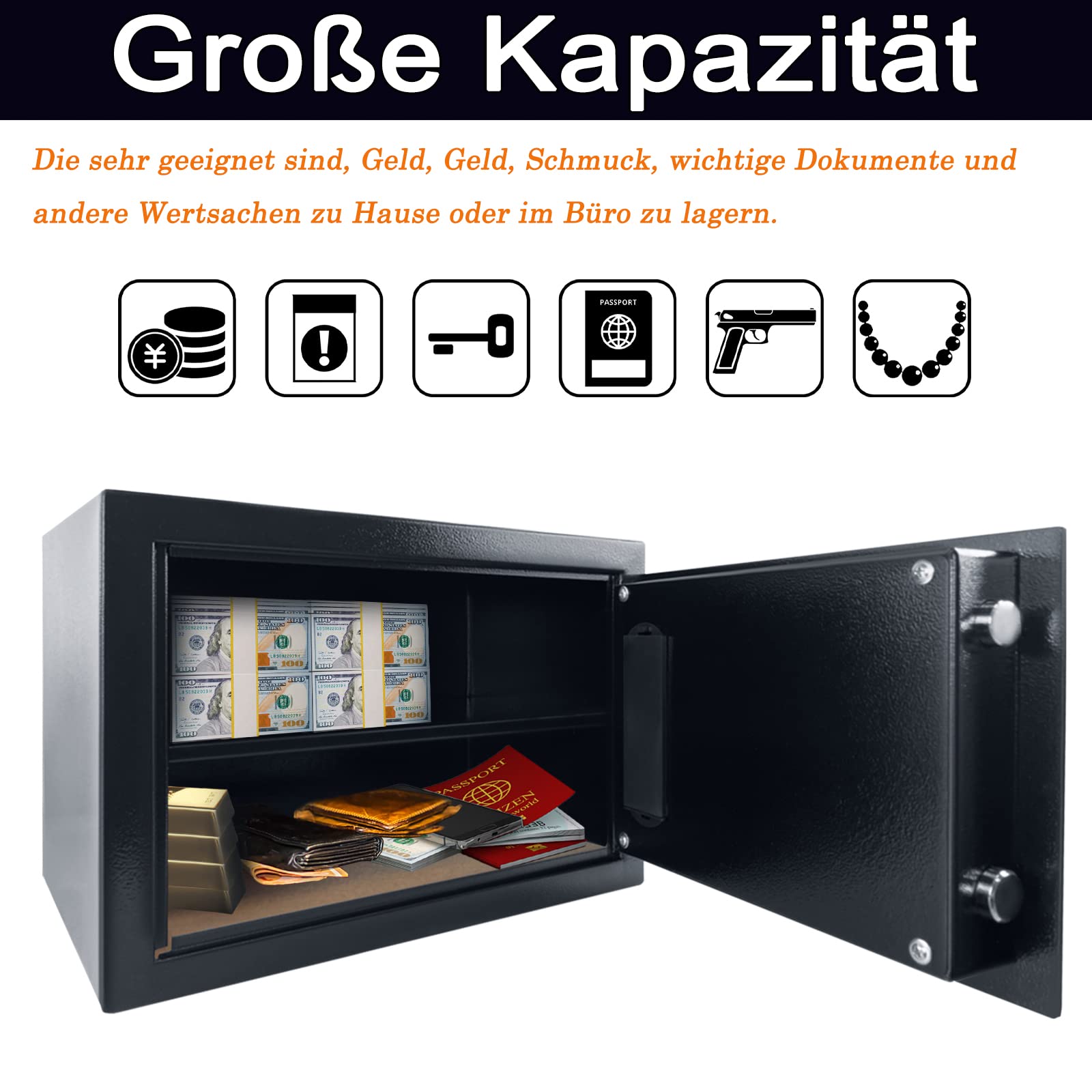 YRHome Mini coffre-fort pour la maison - 22 l - Avec mot de passe numérique - Boîte à piles - 2 clés de sécurité - Fonctions d'alarme - Accessoire de sécurité en acier pour la maison (22 l, M)