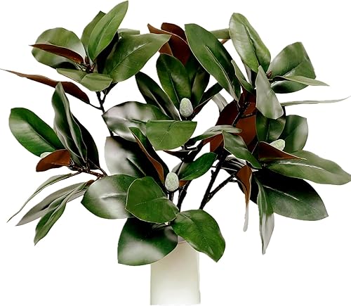 Miniatura 1 de Hojas artificiales de magnolia de 32 pulgadas, impresión de plástico 3D, plantas de interior y exterior, decoración del hogar (verde oscuro, paquete