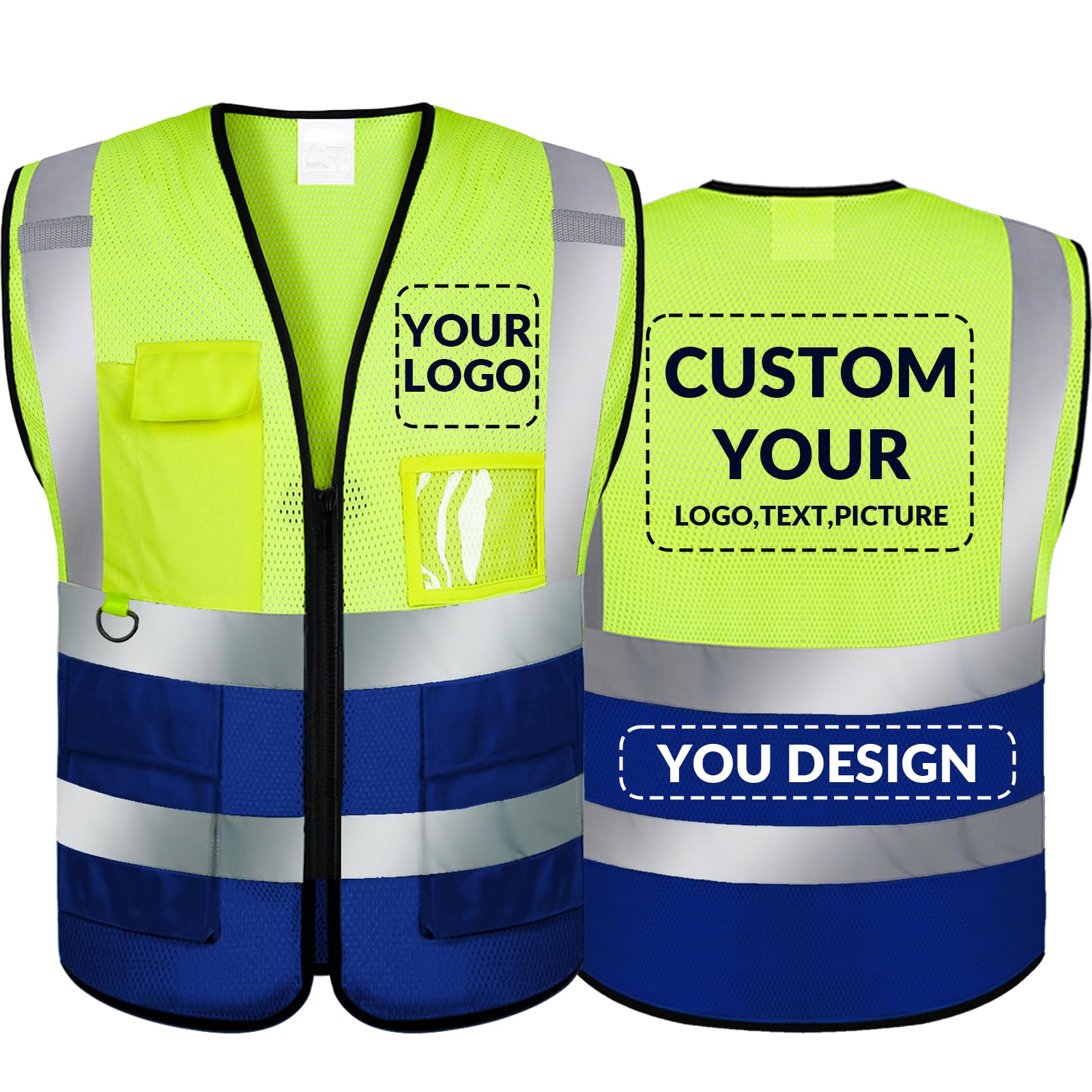 BeautyWill Safety Vest Custom Logo High Visibility Reflective Vest 5 Pockets Class 2 Hi Vis Security Construction Workwear