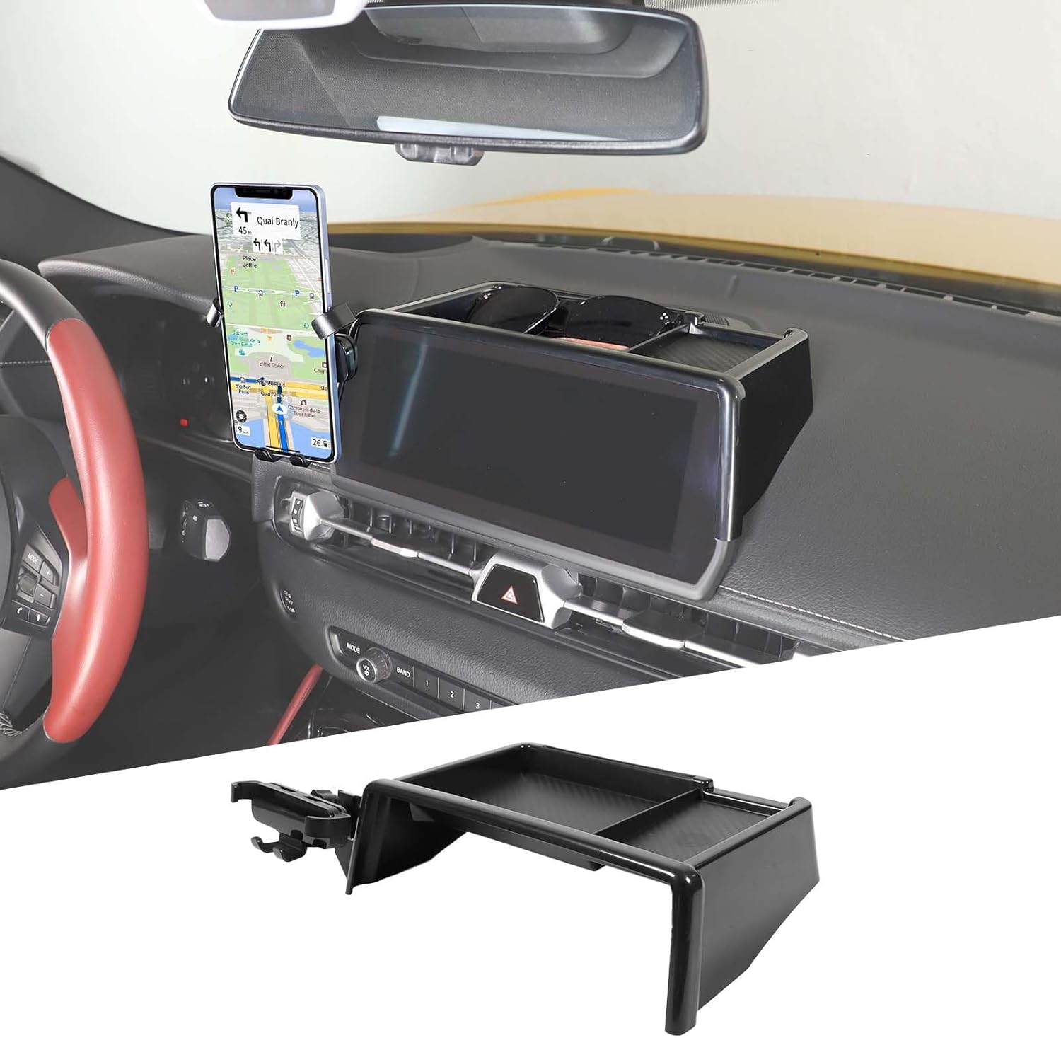 Center Console Multi-Mount Phone Holder Storage Box Fit for Toyota Supra GR A90 A91 MK5 2019-2026, Navigation Screen Rear Storage Tray Organizer, For Left Hand Drive, Telescopic Arm Holder (Black)