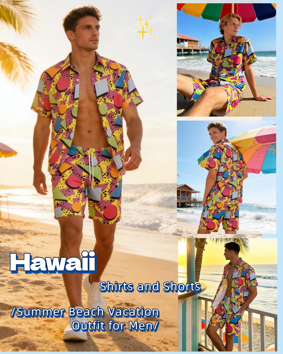 kasahara 80s 90s Outfit for Men Retro Hawaiian Shirts and Short Set Mens 80s Clothes 90s Costume Tracksuit with Visor - Image 3