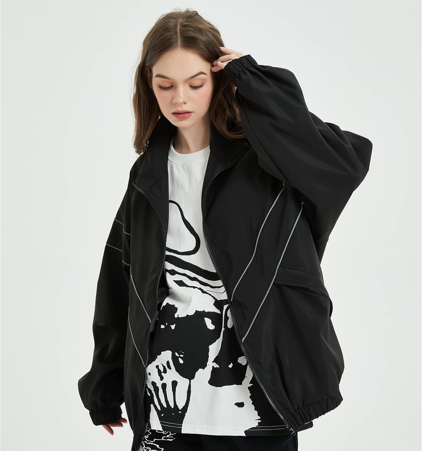 Men Streetwear Reflective Striped Track Jacket Coat Zipper Up Windbreaker