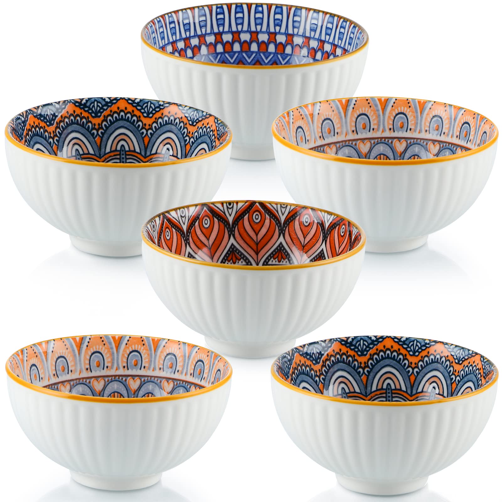 Skelang 6 Pcs Bols en porcelaine,300ml bols à céréales, bols de style bohème, pour pour céréales, soupe, dessert, collation, fruits, salad (motif géométrique)