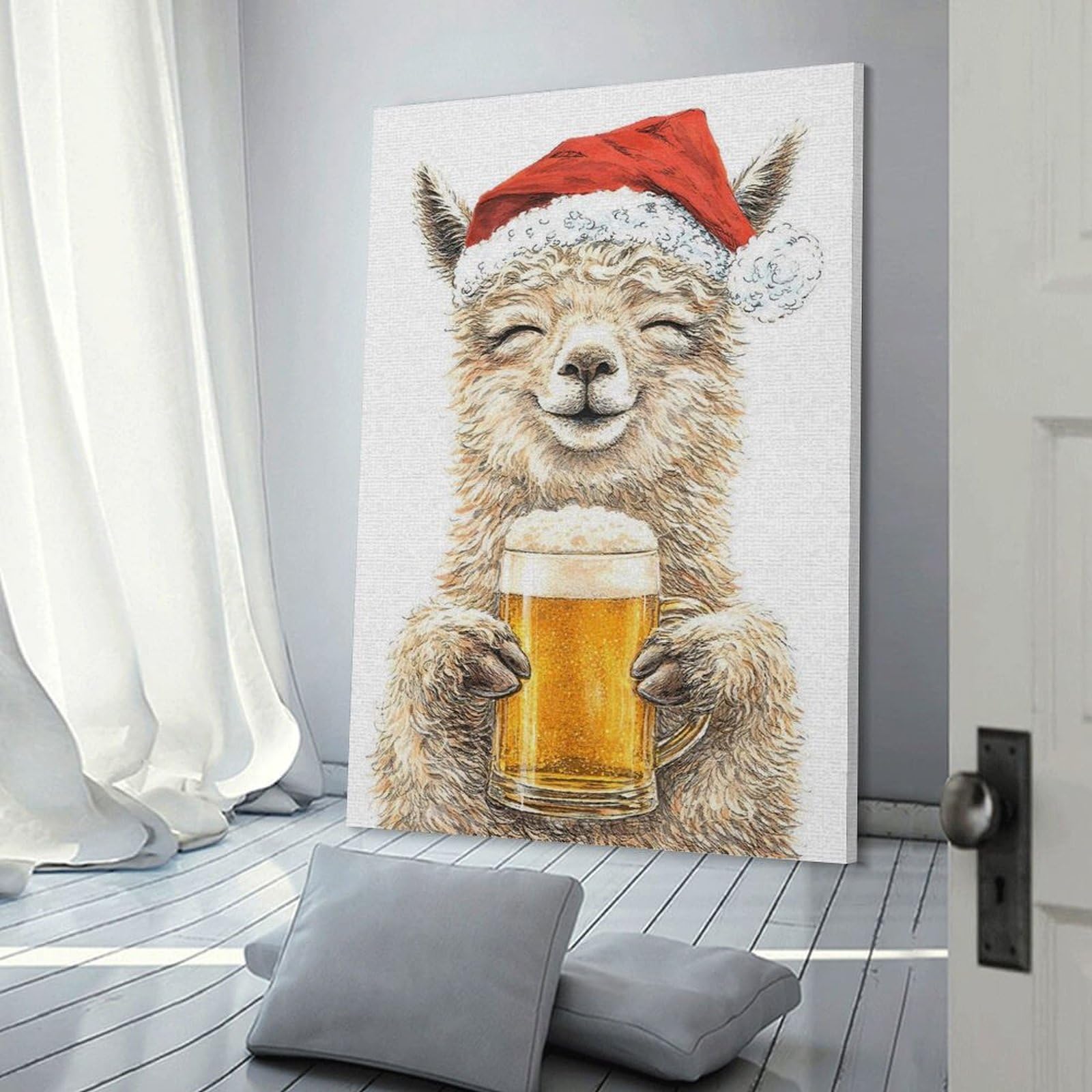 Junmoney Festive Alpaca with Beer Canvas Art Print 12x18inch(30x45cm), for New Homes, Bedrooms Or Workspaces, Gift Idea for Housewarming And Birthdays