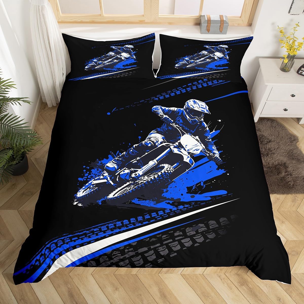 Motorcycle Bedding Duvet Cover Set Full Size Dirt Bike Bedding Set for Boys Decor Extreme Sports Comforter Cover Set Microfiber Blue Black Bedspread Cover Motorbike Bedroom Bedclothes Multi