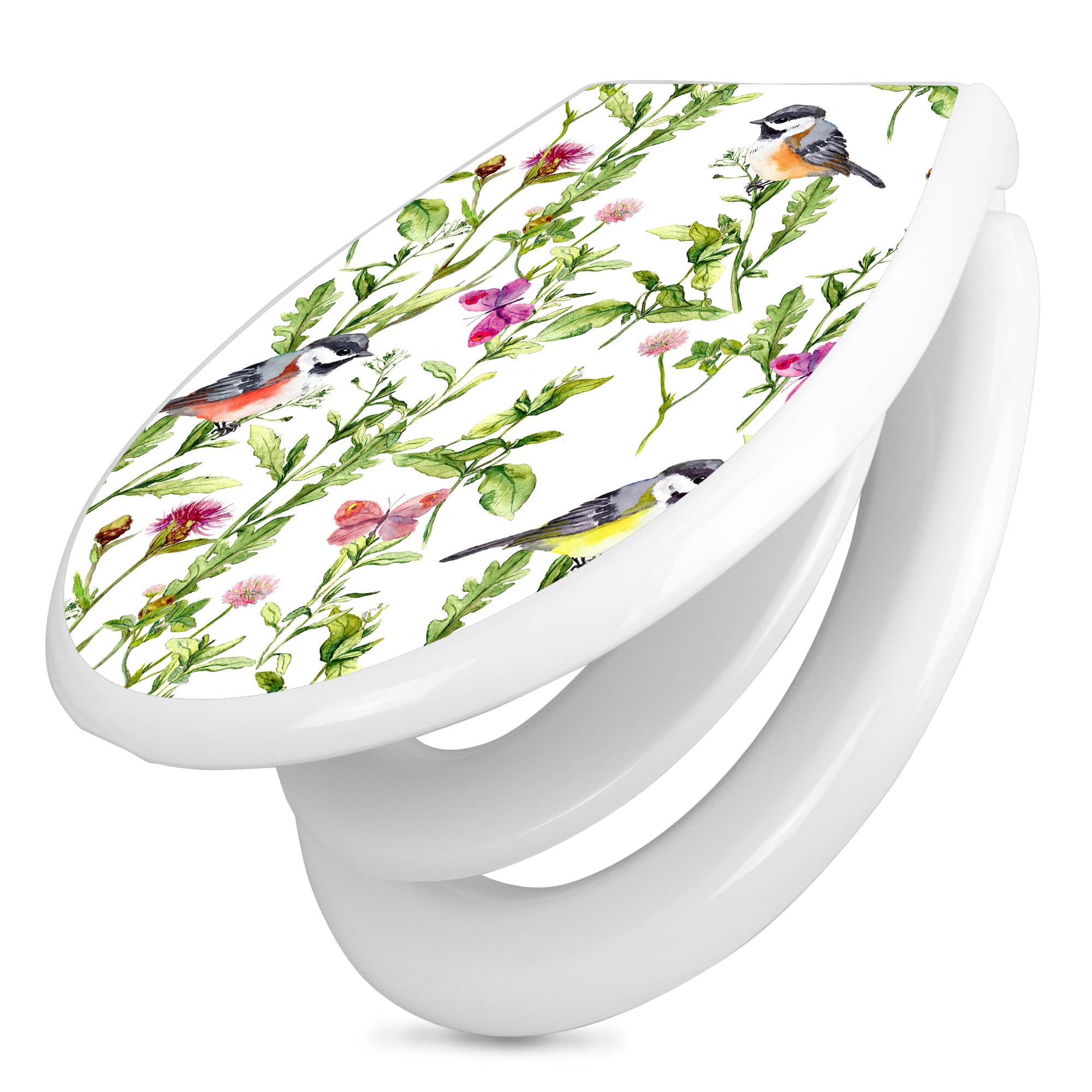 banjado Familien WC Sitz mit Absenkautomatik 44,9x37,1cm - Klobrille mit Kindersitz aus hochwertigem Polypropylen - Toilettendeckel mit Kinder Toilettensitz integriert - Motiv Meisen im Klee
