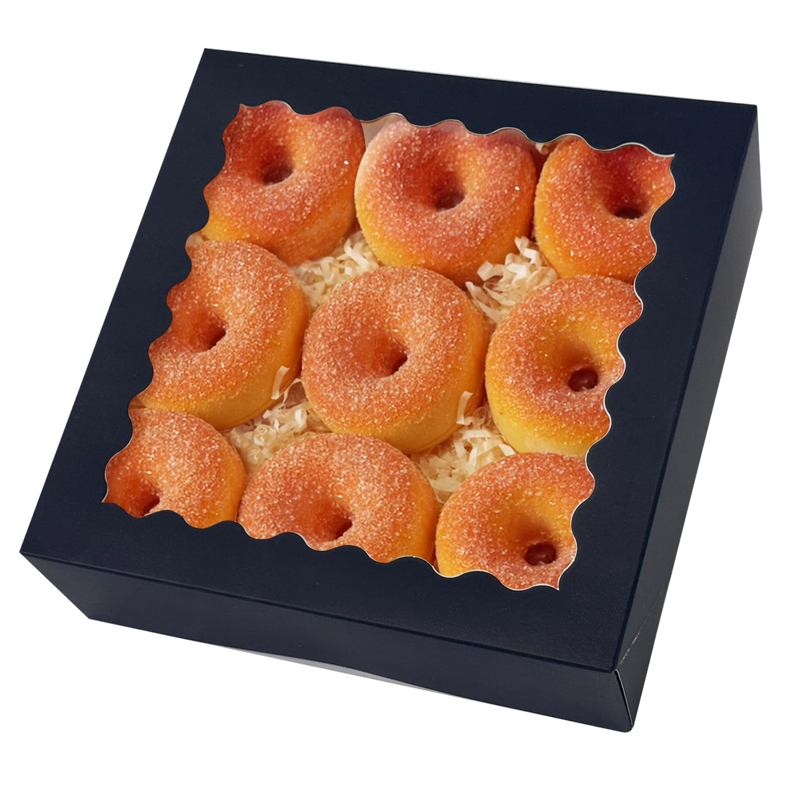 qiqee Caja de pastelería negra de 8 x 8 x 2.5 pulgadas con ventana, 12 cajas de panadería (desplegable automático)