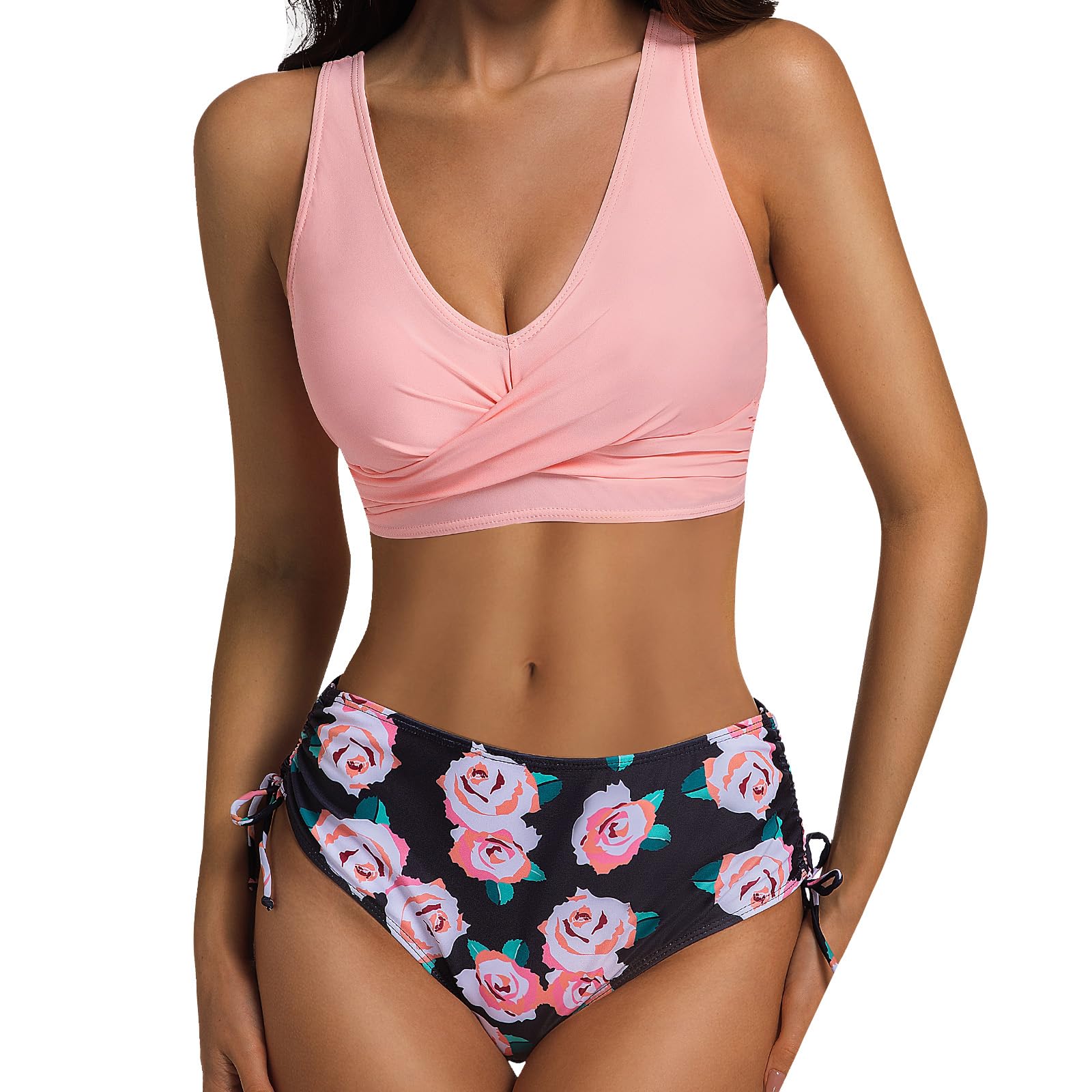 JONRRYIN Conjunto de Bikini para Mujer Traje de Baño Dos Piezas Push Up Cuello en V Estampado Floral Bañador Cintura Alta Verano Playa Vikinis