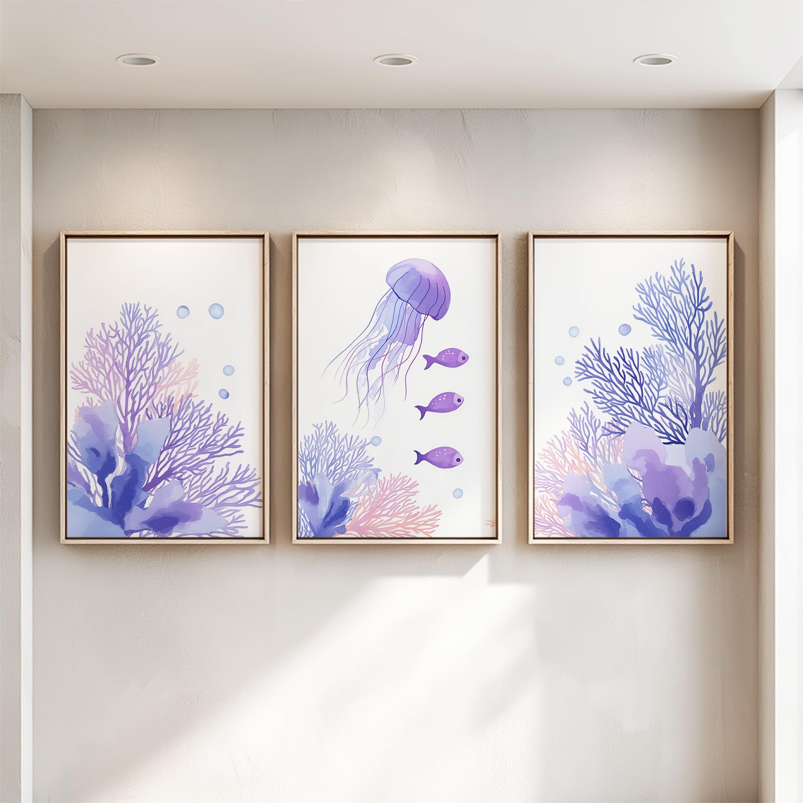 Générique 3 Plakat Dekoracja Ścienna Akwarela Ocean, Duży Plakat Ścienny Minimalistyczny Świeże Świeże Zwierzę Koral Meduza Pokojowe Obrazy Na Korytarz Bankiety Kuchnia, 40 x 50 cm