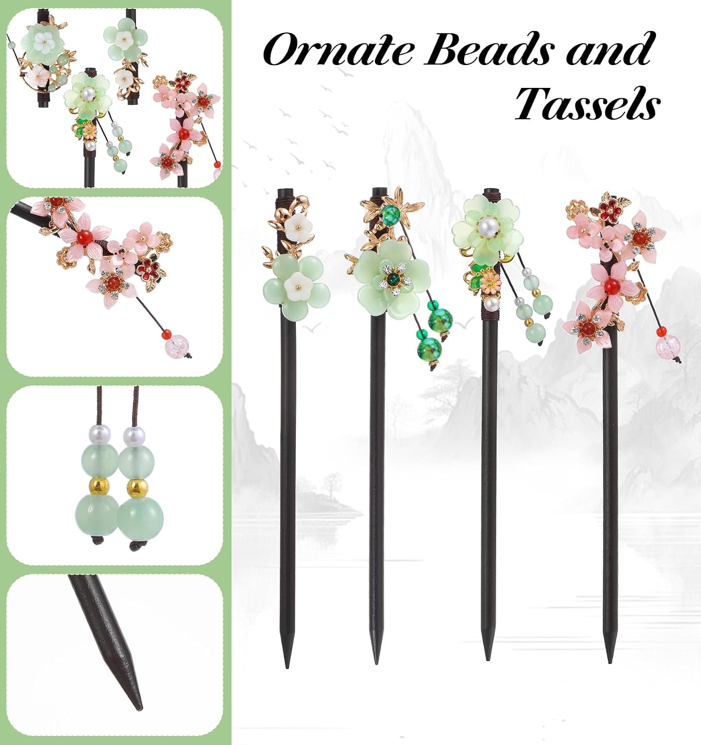 Japanese Hair Pin, 4 Pcs Japanese Hair Stick, 7" Asian Hairs Accessories with Flower Bead Pendants Vintage Tassel for Long Thick Hairstyle Bun, (Multi-colored)