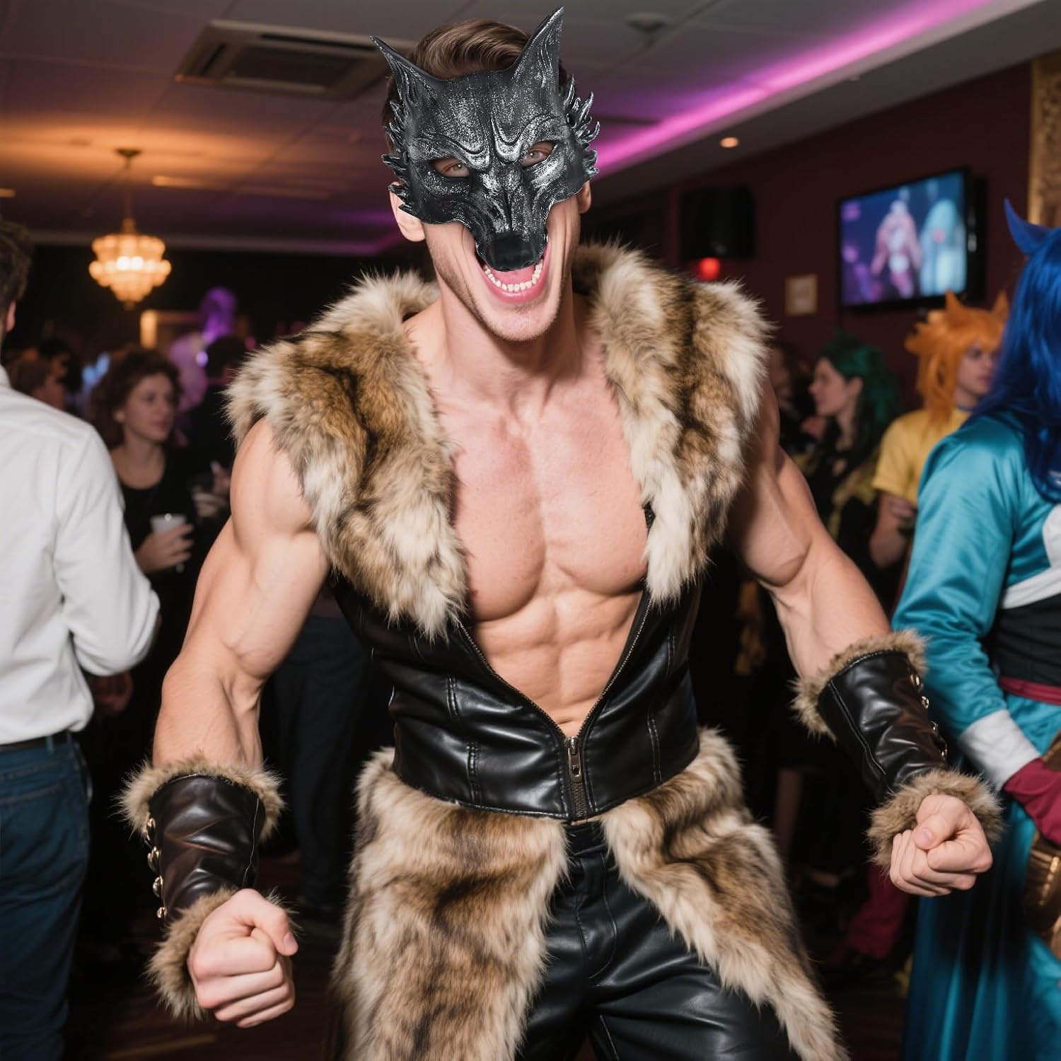 VZQI Wolf Mask Adult Halloween Werewolf Mask Men Wolf Costume Animal Masquerade Half Face Tooth Gold - Image 7