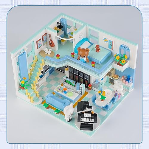 Miniatura 4 de PinkBee Mini Friends - Juego de bloques de construcción de apartamentos dúplex para adultos, osos casa de ensueño, piano de cocina, casa de campo,