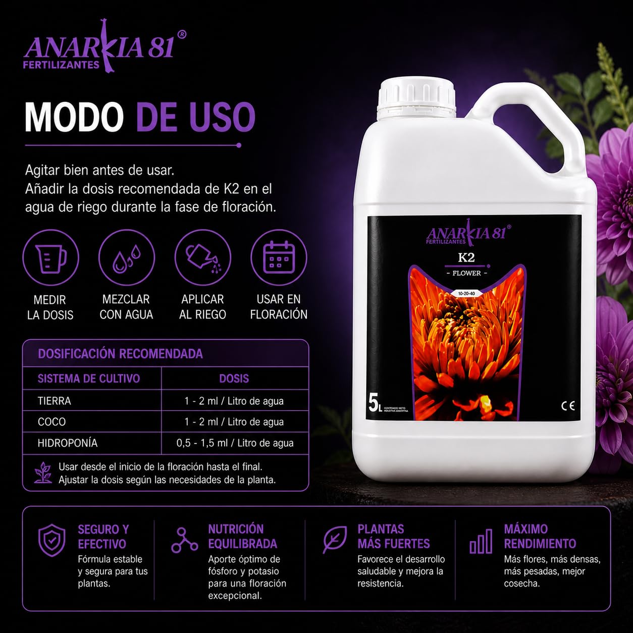 K2 5 L – Fertilizante de Floración para Plantas Nutrición Base Alta Concentración PK Acción Rápida Mejora Densidad Peso y Rendimiento en Cultivo Interior y Exterior - Anarkia81
