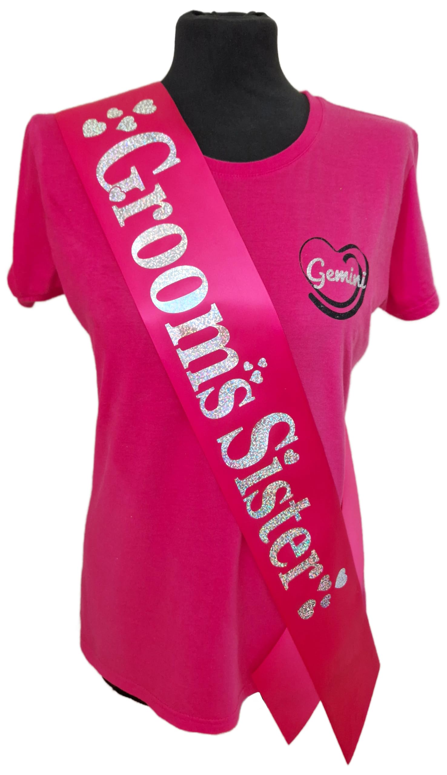 Hen Party Sashes - Beautiful fuchsia satin ribbon with silver holographic text and heat embelishments - (Grooms Sister)