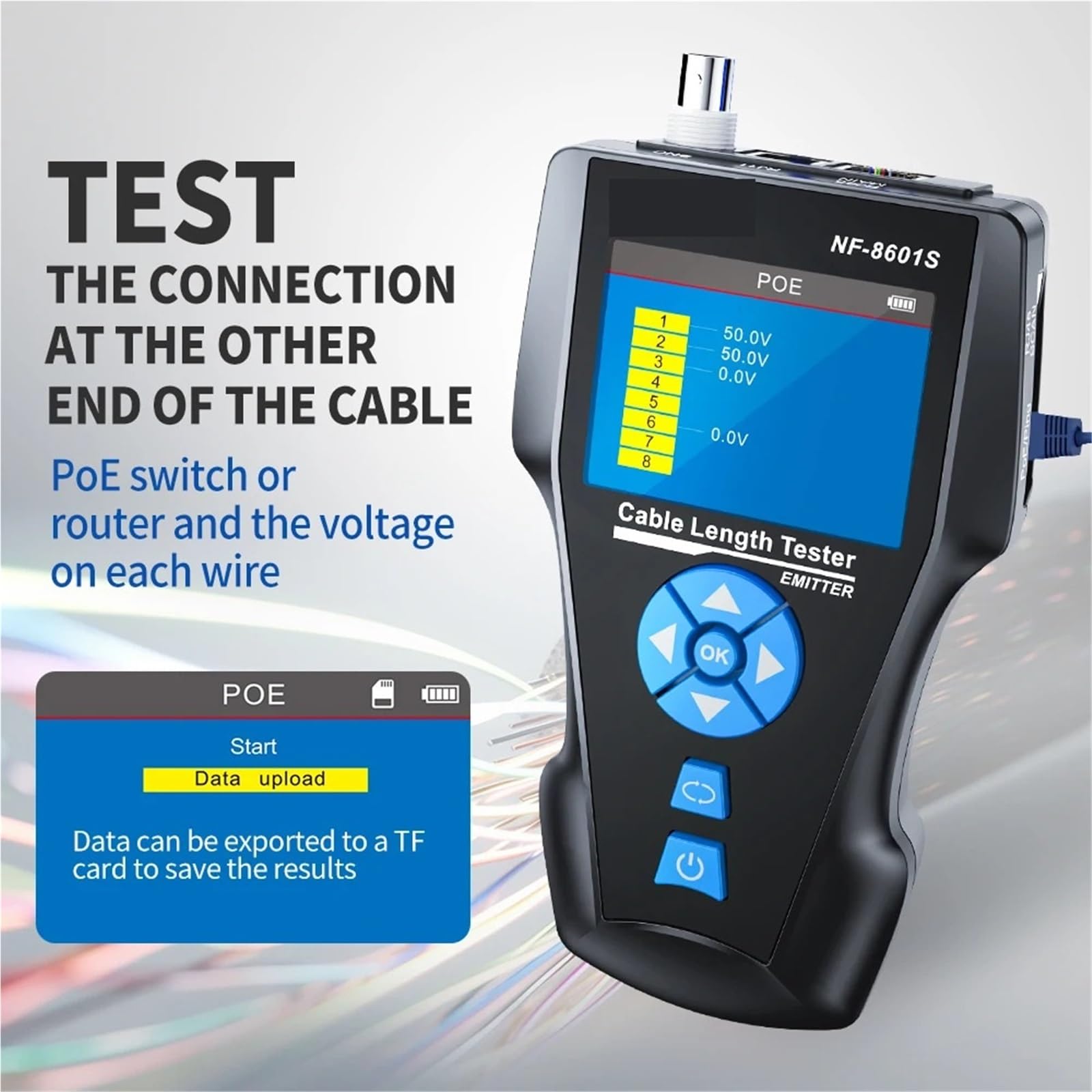 Tester for cavi di rete con PoE/PING Cable Tracker POE Misura lunghezza Wiremap Strumenti Prove di trasmissione