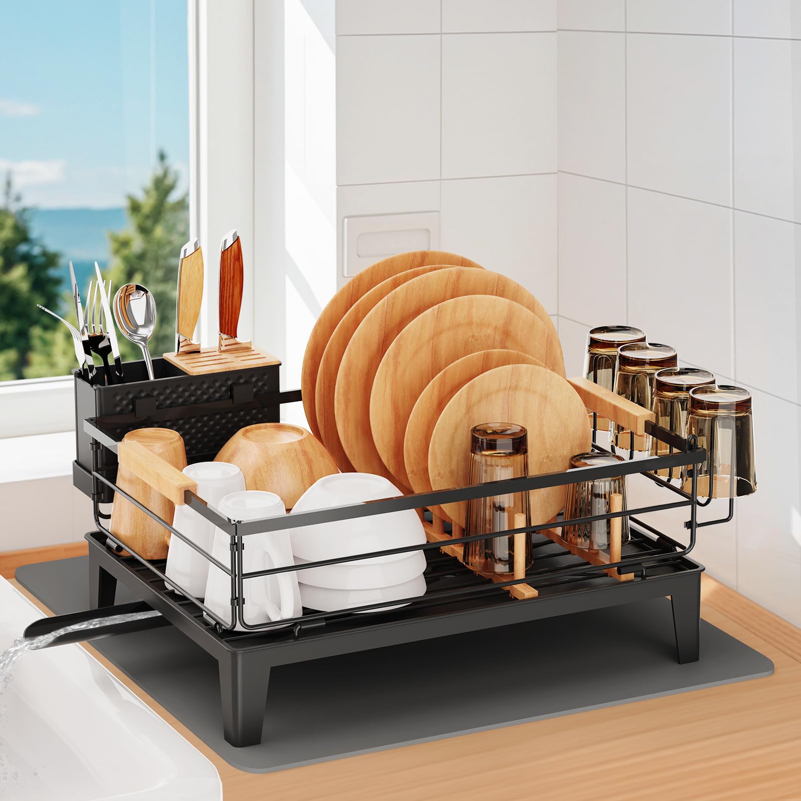 JYPS Dish Drying Rack with Drainboard Auto-Drain, Space-Saving Dish Rack Drainers for Kitchen Counter Decor with Bamboo Knife Holder, Cup Holder, Mat (Black)