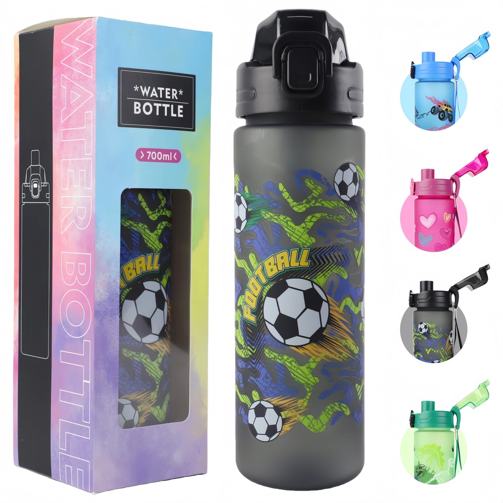 MHwan Trinkflasche Kinder, 700ml, Auslaufsicher, BPA-Frei, One-Touch-Öffnung, Leicht zu Reinigen, Wasserflasche mit Großem Fassungsvermögen, Geeignet für Schule und Outdoor Sport (Fußball)
