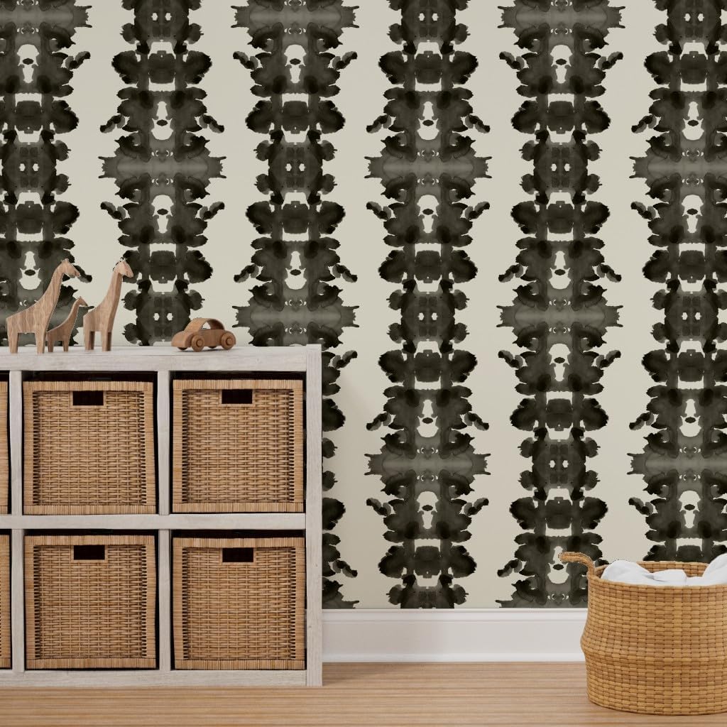 Peel & Stick Wallpaper 6ft x 2ft - Charcoal Inkblot Soot Cream Paint Ink Abstract Artistic Custom Removable Wallpaper by Spoonflower