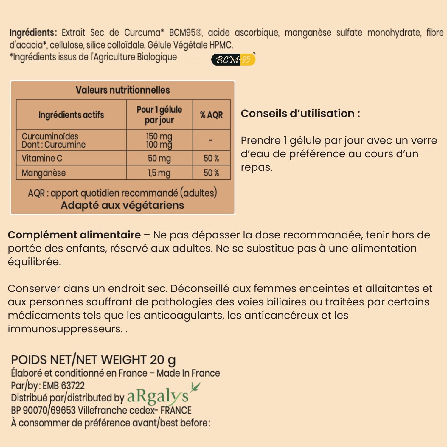 Curcuma bio BCM95® Haute Biodisponibilité – 95% Curcuminoïdes - Sans Pipérine – Articulations, anti inflammatoire & Antioxydant – Avec Manganèse & Vitamine C – 2 Mois - 60 Gélules Vegan